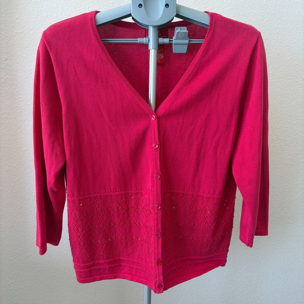 Oscar‎ de la Renta Pink Cardigan Size Large 100% Cotton Embellished Knit Sequins